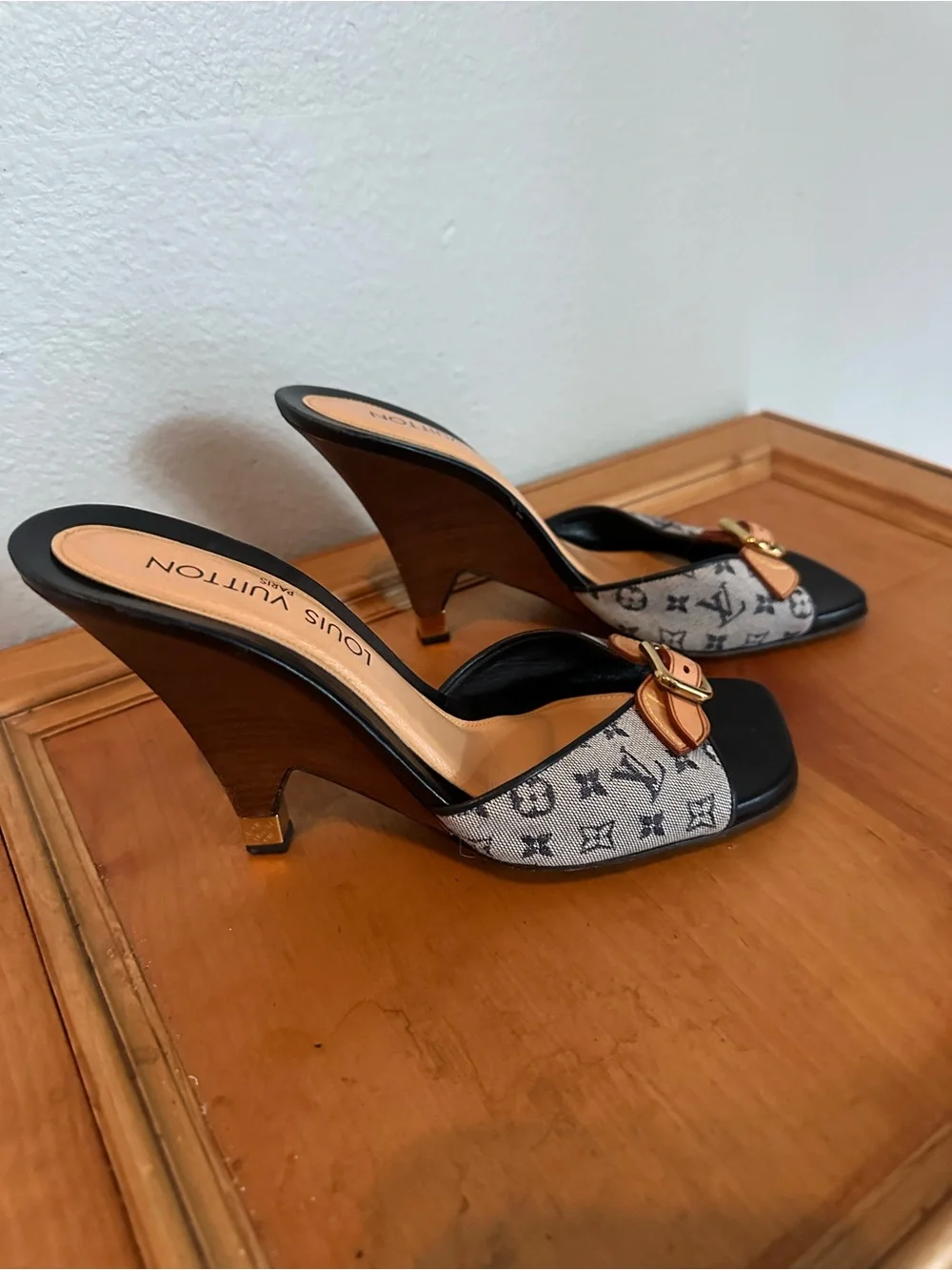 Louis Vuitton Black, Tan & Gray Monogram Denim Buckle Mules